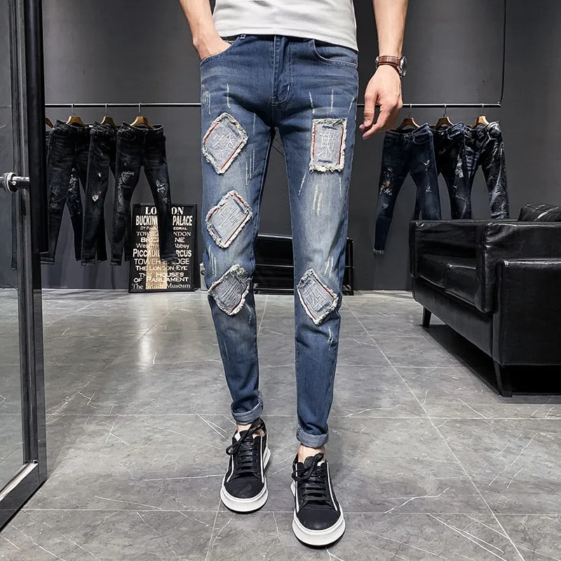 Multi Squares Patched Hip Hop Ripped Style Men Jeans