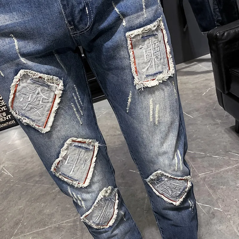 Multi Squares Patched Hip Hop Ripped Style Men Jeans