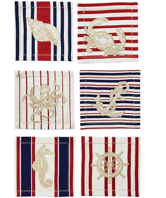 Nautical Motif Embroidered Cocktail Napkin Set