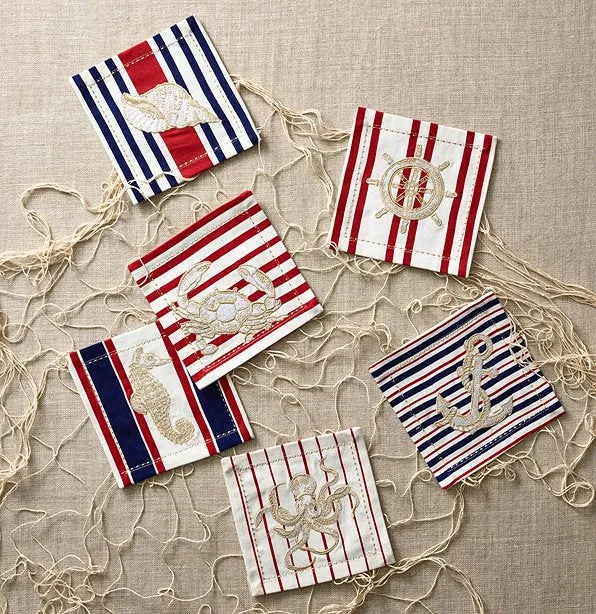 Nautical Motif Embroidered Cocktail Napkin Set