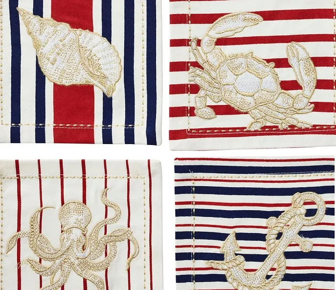 Nautical Motif Embroidered Cocktail Napkin Set