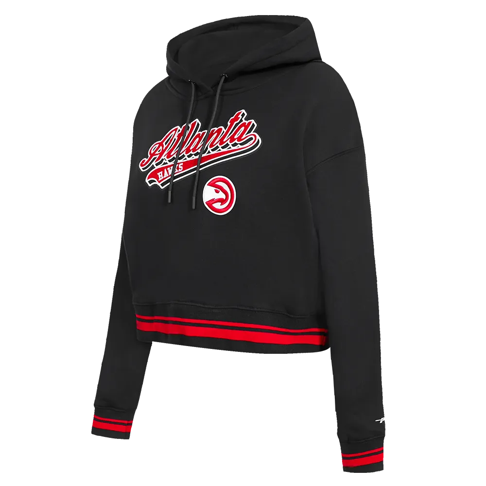 NBA ATLANTA HAWKS SCRIPT TAIL WOMEN'S RIB FLC CROPPED PO HOODIE (BLACK/RED/BLACK)