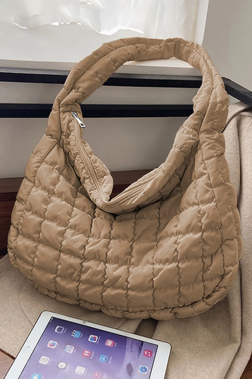 Nude Beige Quilted Zipper Large Shoulder Bag