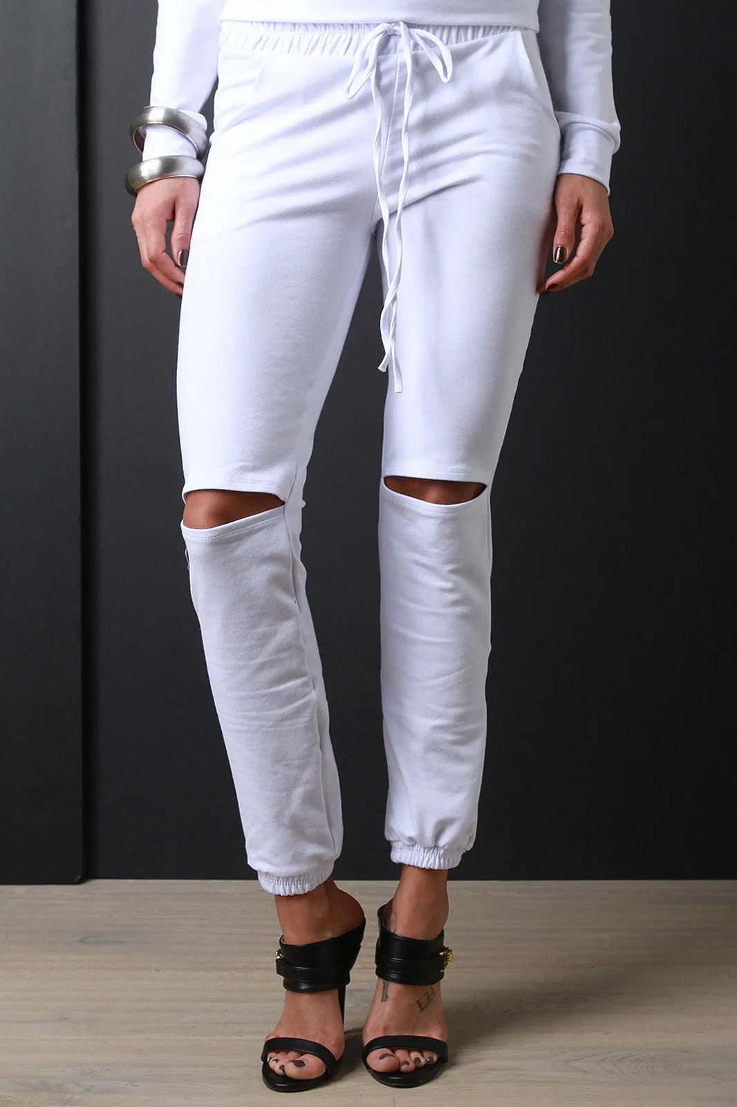 Open Knee Drawstring Jogger Pants