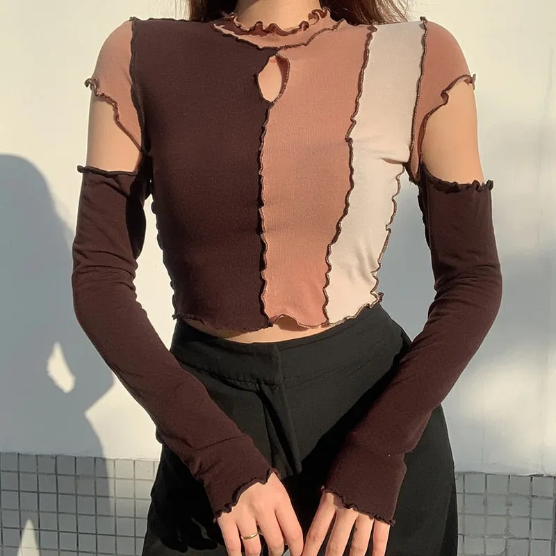 Patchwork Casual Cut Out Slim Sexy Crop Top Punk Long Sleeve