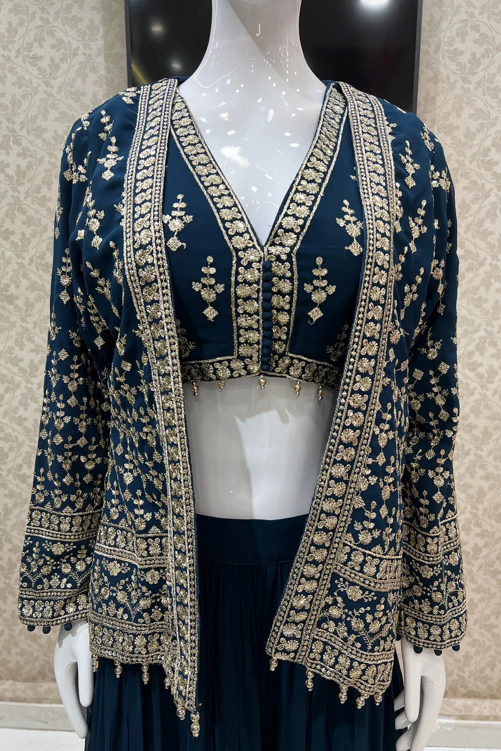 Peacock Blue Sequins and Zari work Overcoat Styled Crop Top Lehenga