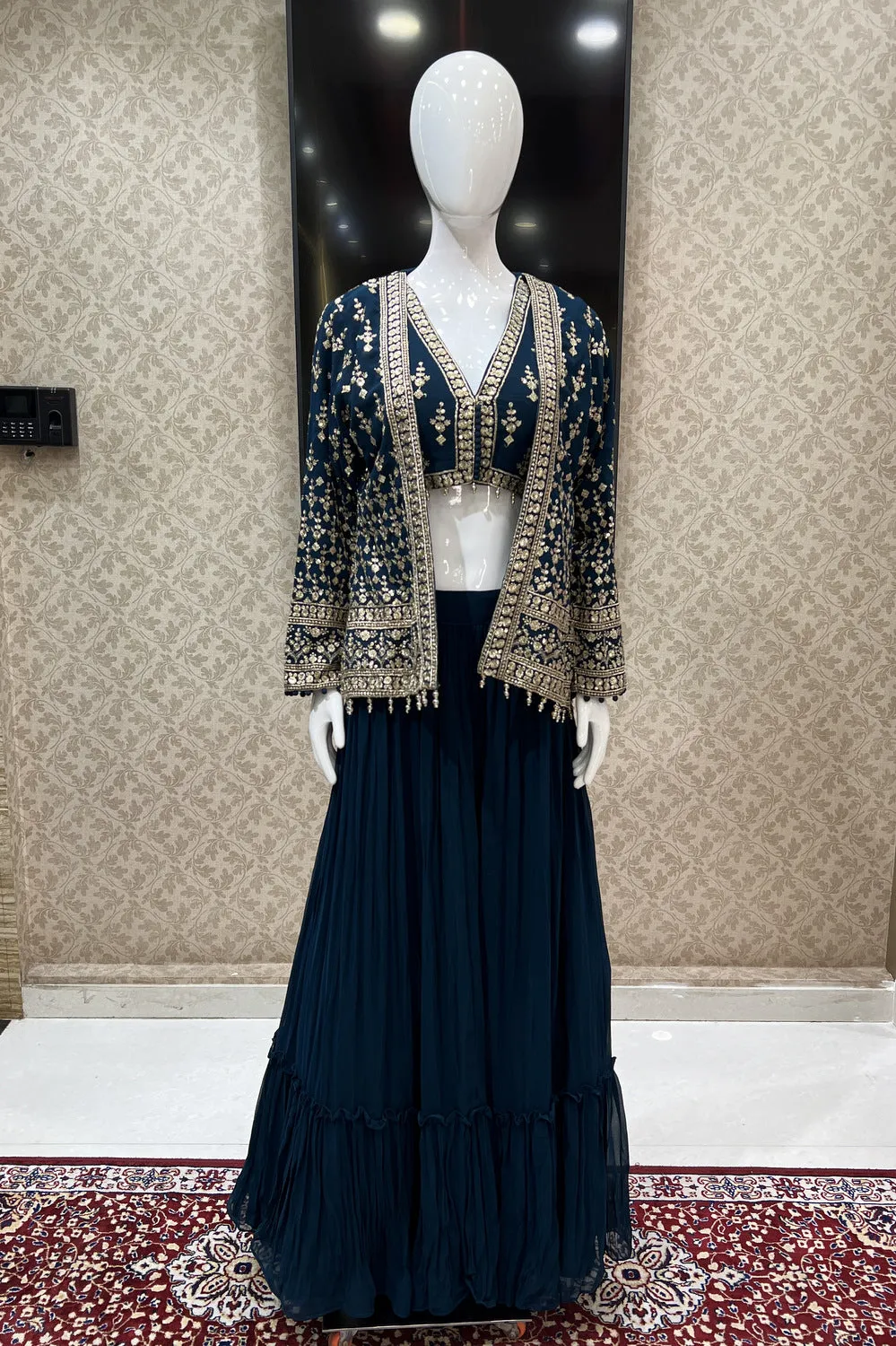 Peacock Blue Sequins and Zari work Overcoat Styled Crop Top Lehenga