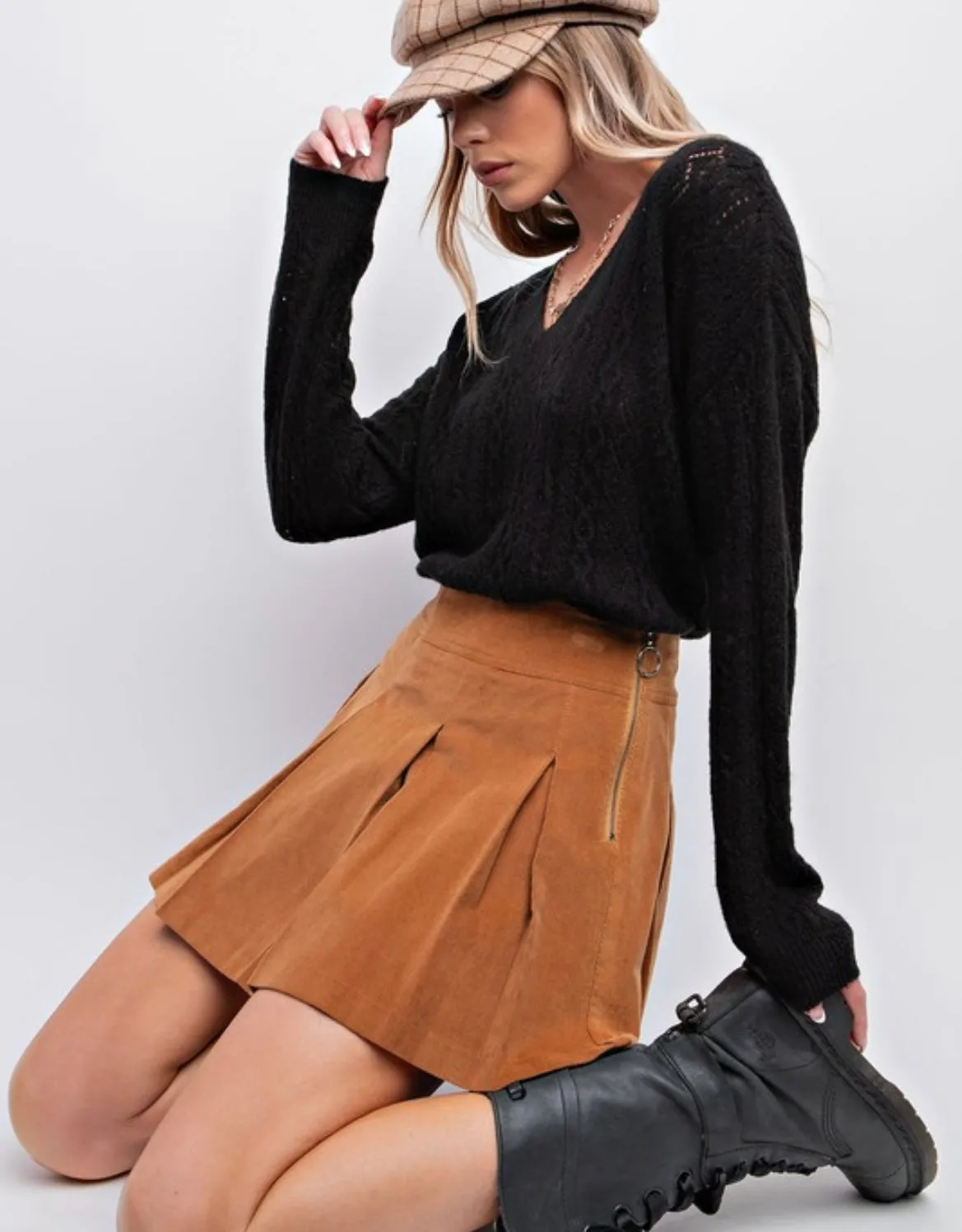 Pleated Corduroy Mini Skirt