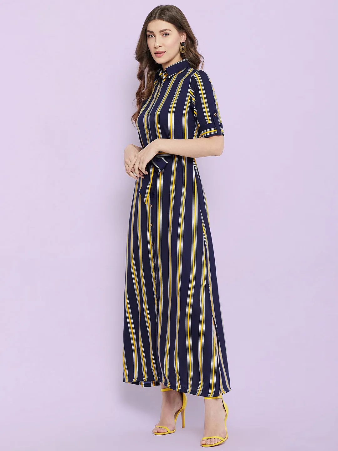 Printed Collar Buttoned Down Shirt Maxi Dress