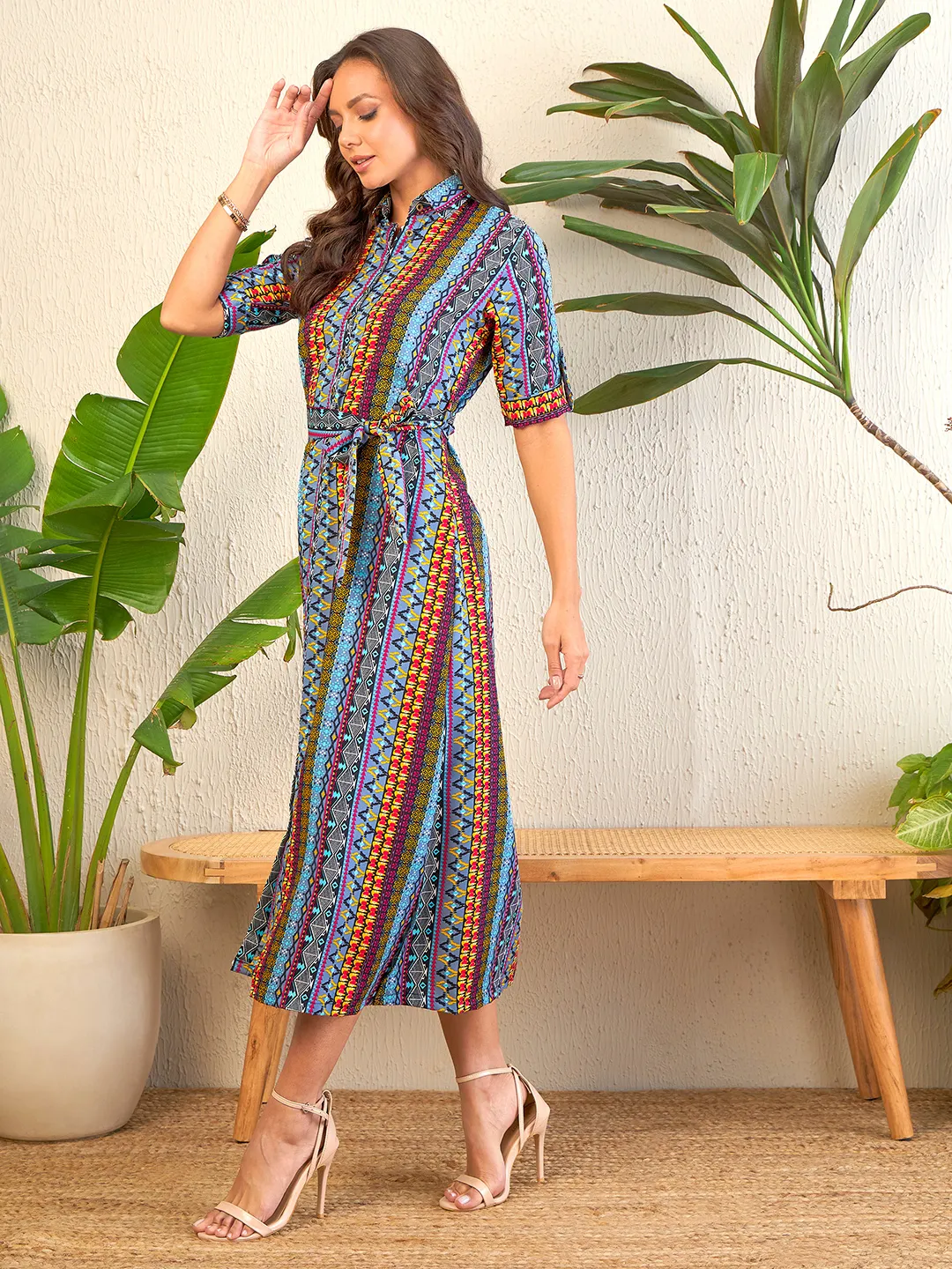 Printed Collar Buttoned Down Shirt Maxi Dress