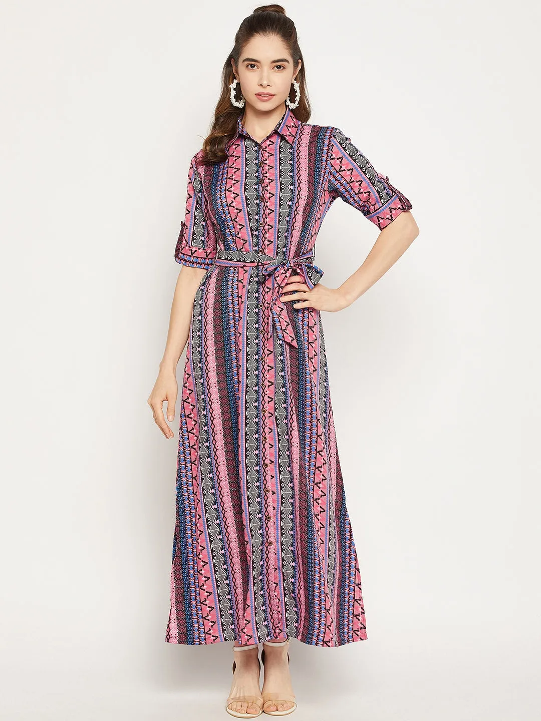 Printed Collar Buttoned Down Shirt Maxi Dress