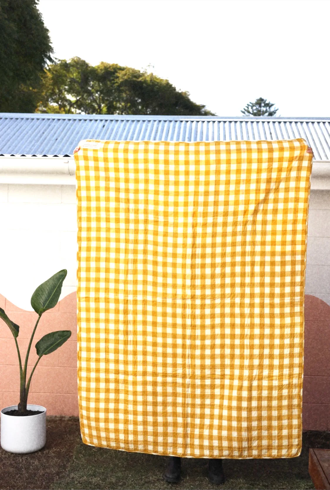 Quilted Blanket with Pillowcase - Yellow Gingham