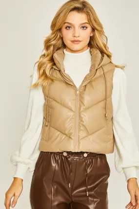 "Fall Morning" Beige Vegan Leather Puffer Vest