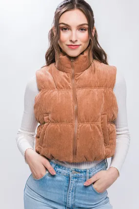 "Falling For You" Corduroy Camel Puffer Vest