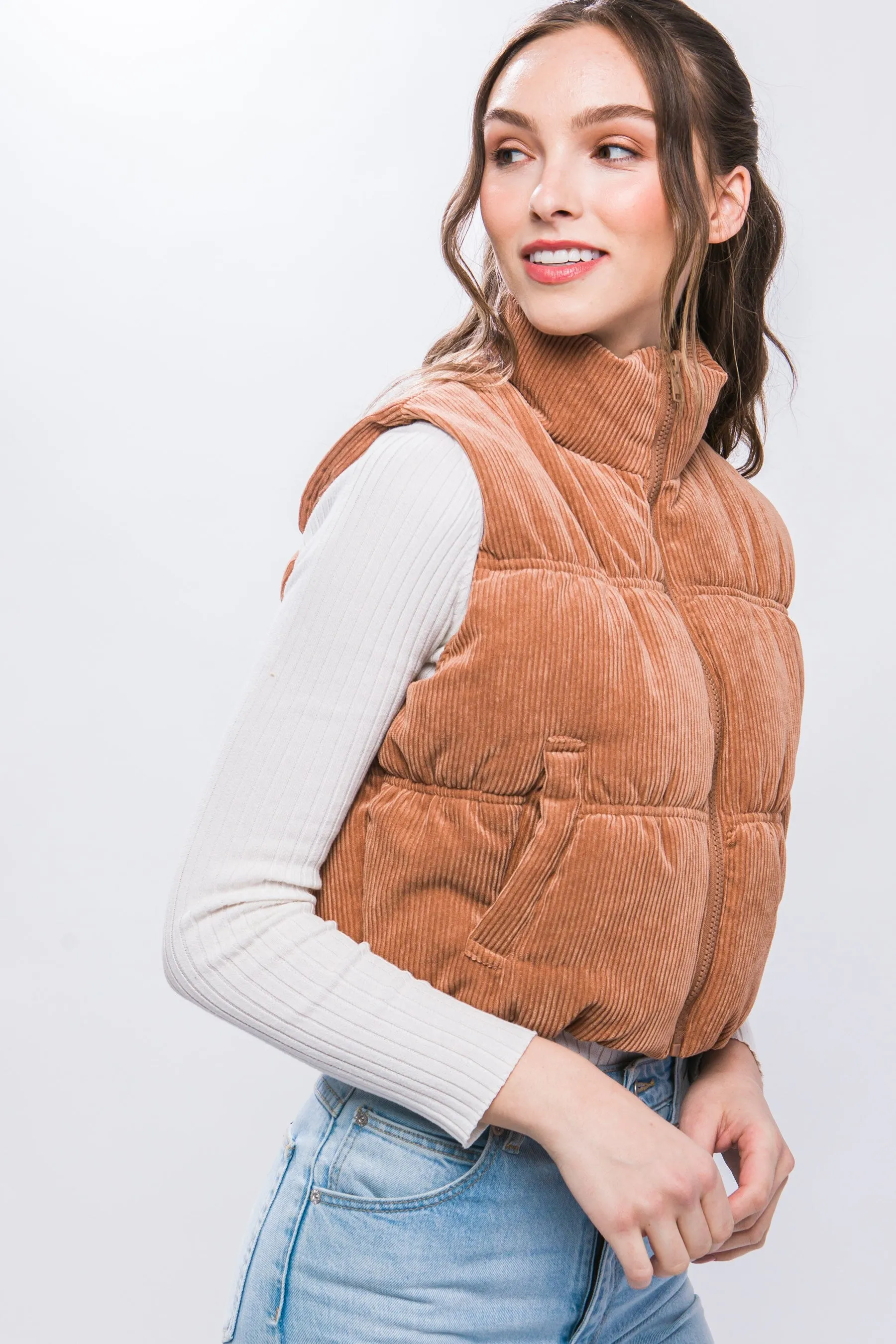 "Falling For You" Corduroy Camel Puffer Vest