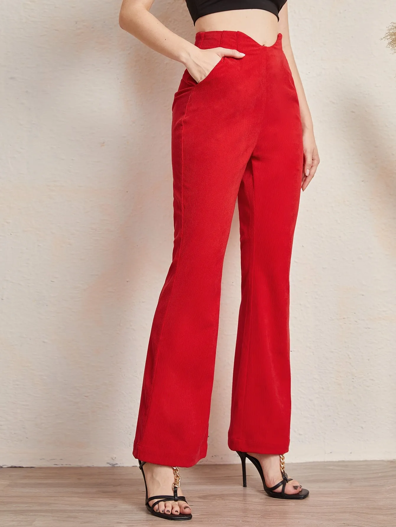 Red Asymmetrical High Waist Flare Leg Zipper Pants