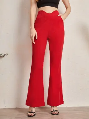 Red Asymmetrical High Waist Flare Leg Zipper Pants