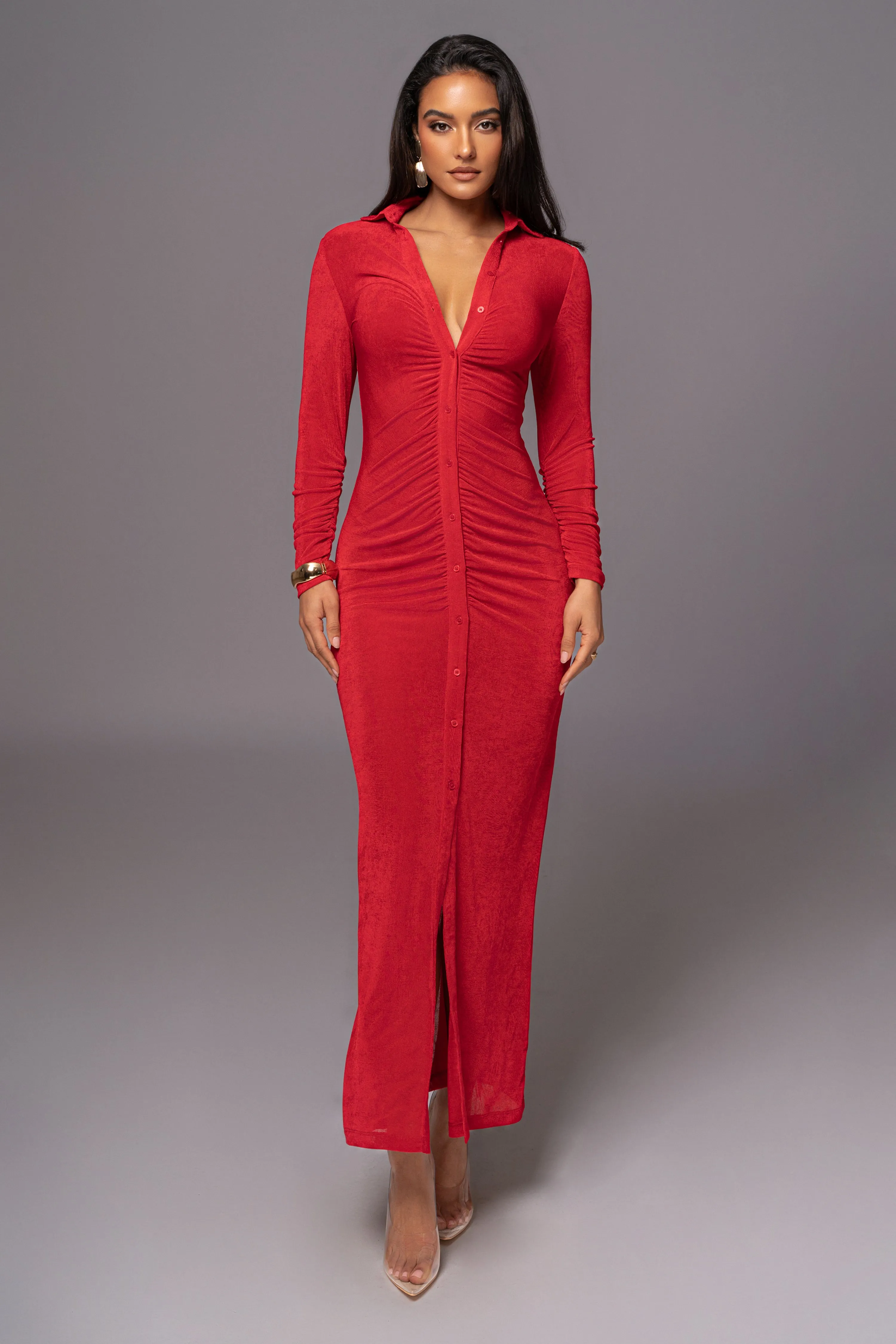 Red Zahra Button Front Maxi Dress