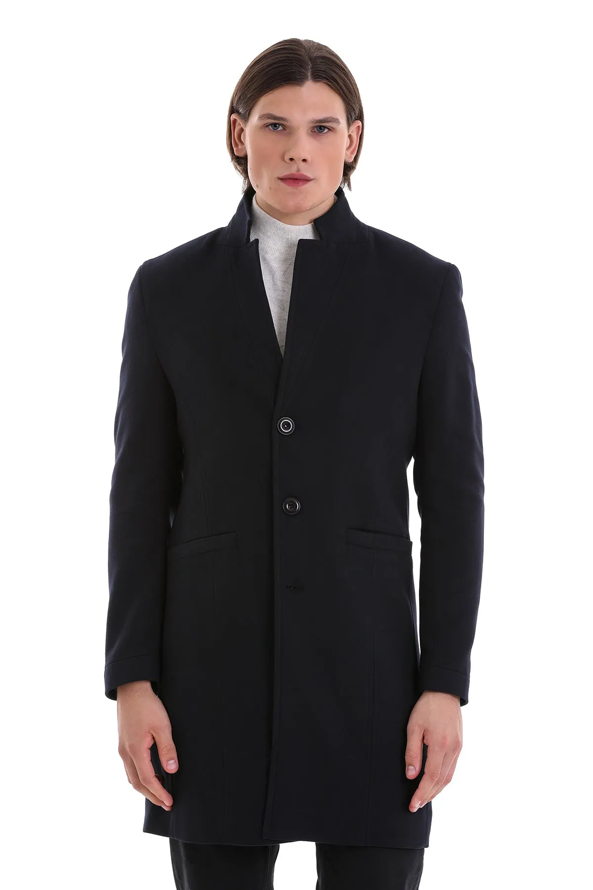 Regular Fit Cachet Notch Lapel Navy Overcoat