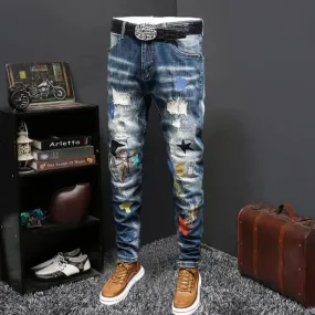 Retro Embroidered Patchwork Ripped Jeans