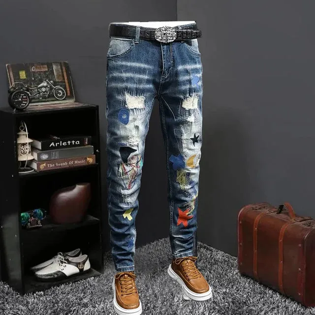 Retro Embroidered Patchwork Ripped Jeans