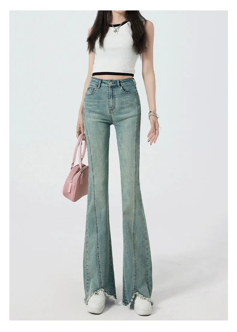 Retro High-Waist Light Blue Slim-Fit Raw Hem Jeans