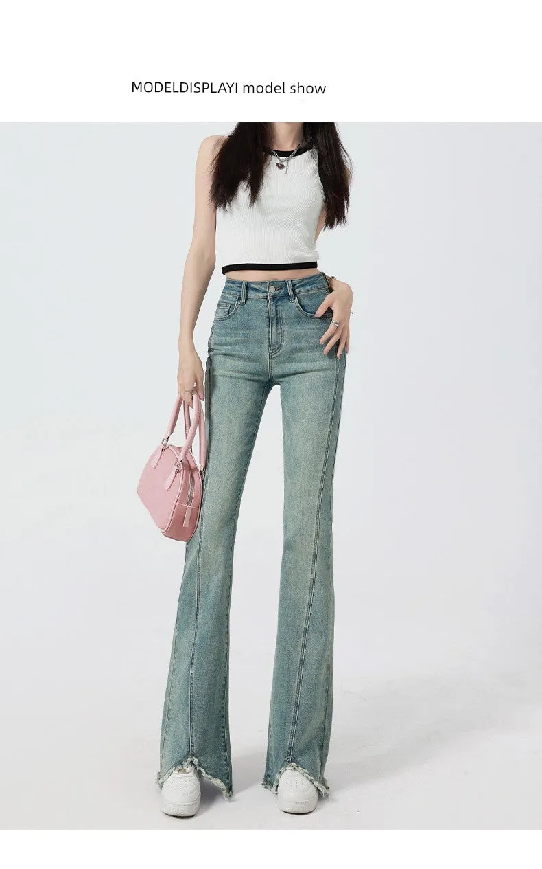 Retro High-Waist Light Blue Slim-Fit Raw Hem Jeans