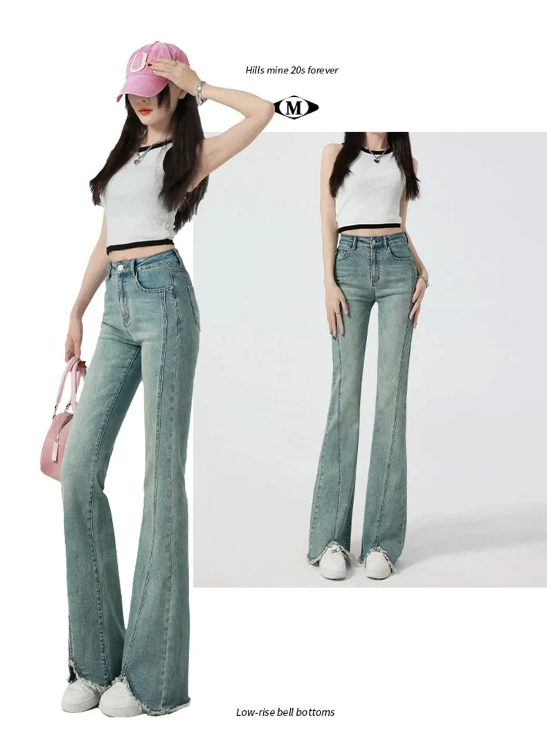 Retro High-Waist Light Blue Slim-Fit Raw Hem Jeans