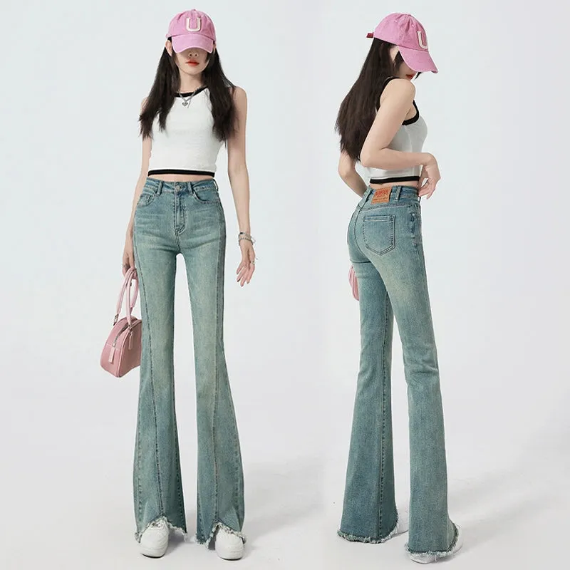 Retro High-Waist Light Blue Slim-Fit Raw Hem Jeans