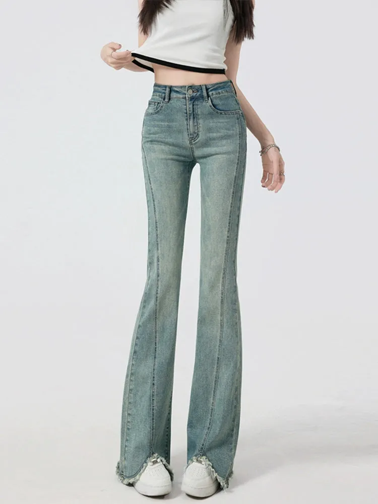 Retro High-Waist Light Blue Slim-Fit Raw Hem Jeans