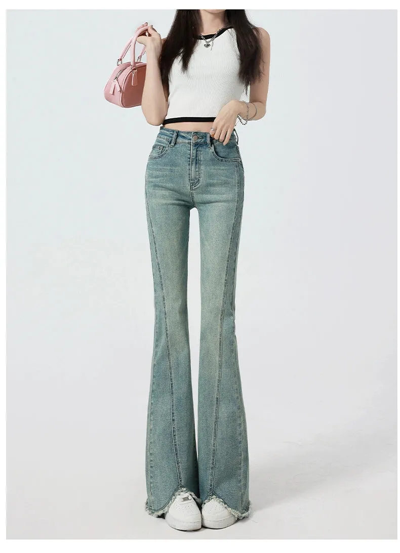 Retro High-Waist Light Blue Slim-Fit Raw Hem Jeans