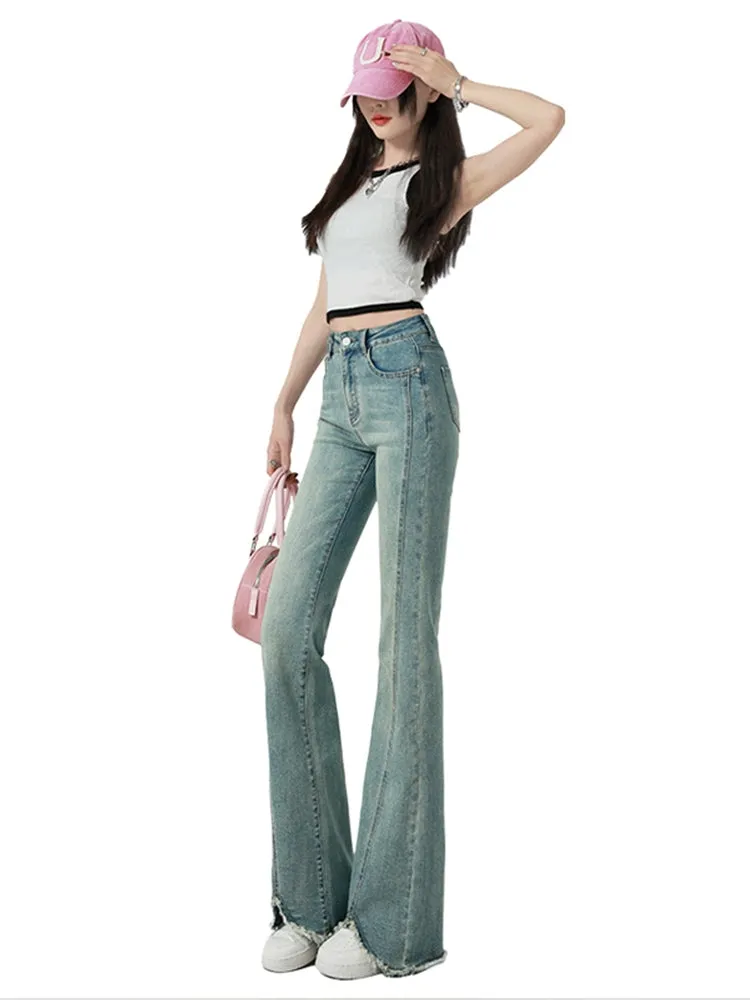 Retro High-Waist Light Blue Slim-Fit Raw Hem Jeans