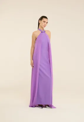 Riva Halter Neck Cape Style Gown Dress Purple