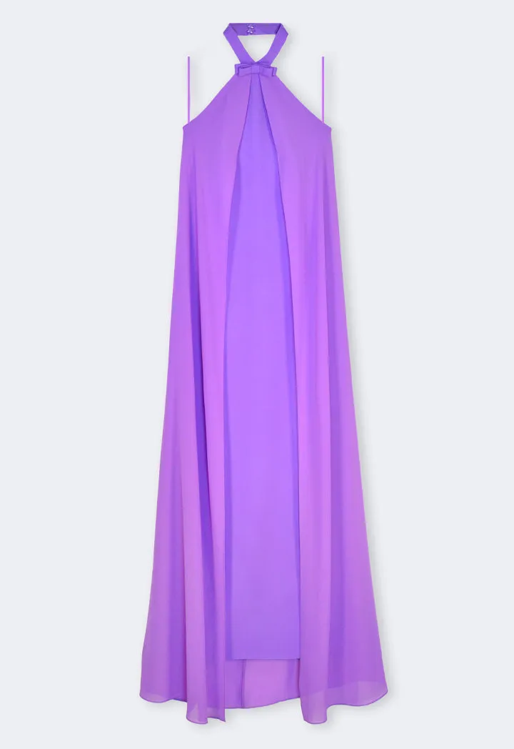 Riva Halter Neck Cape Style Gown Dress Purple