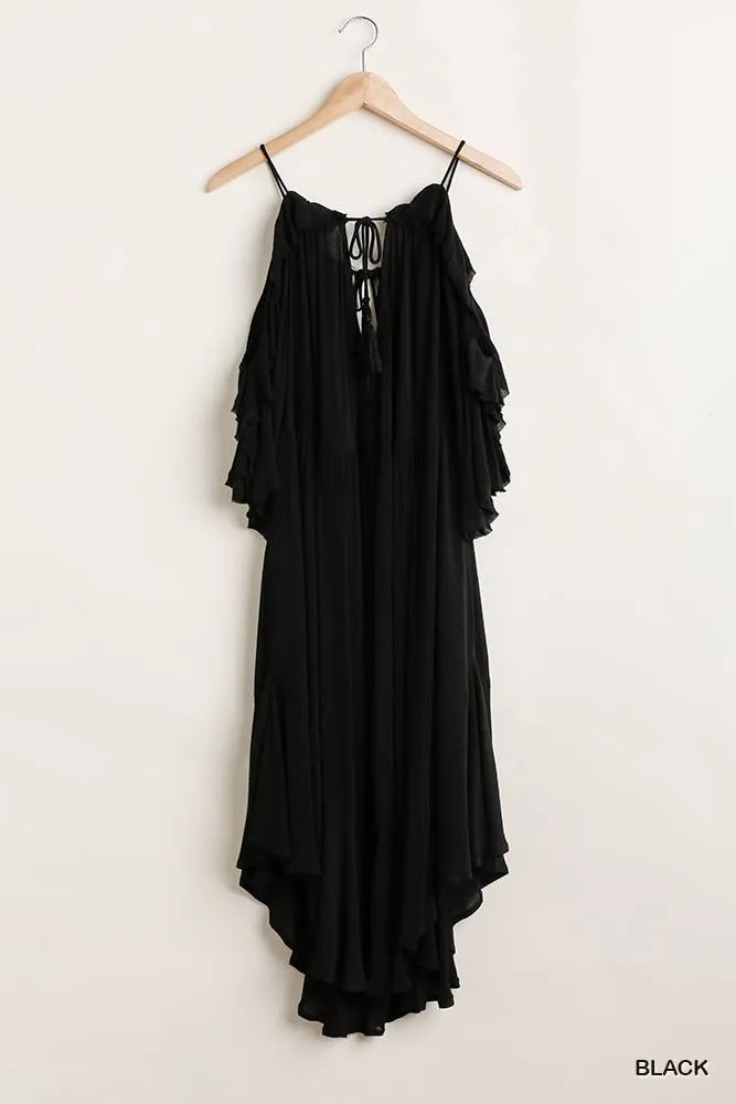 Ruffled Cold Shoulder Maxi Dress With Front Tassel Tie