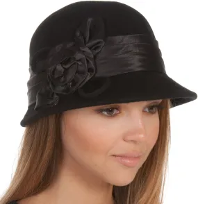 Sakkas Marilyn Vintage Style Wool Cloche Bucket Winter Hat with Satin Flower