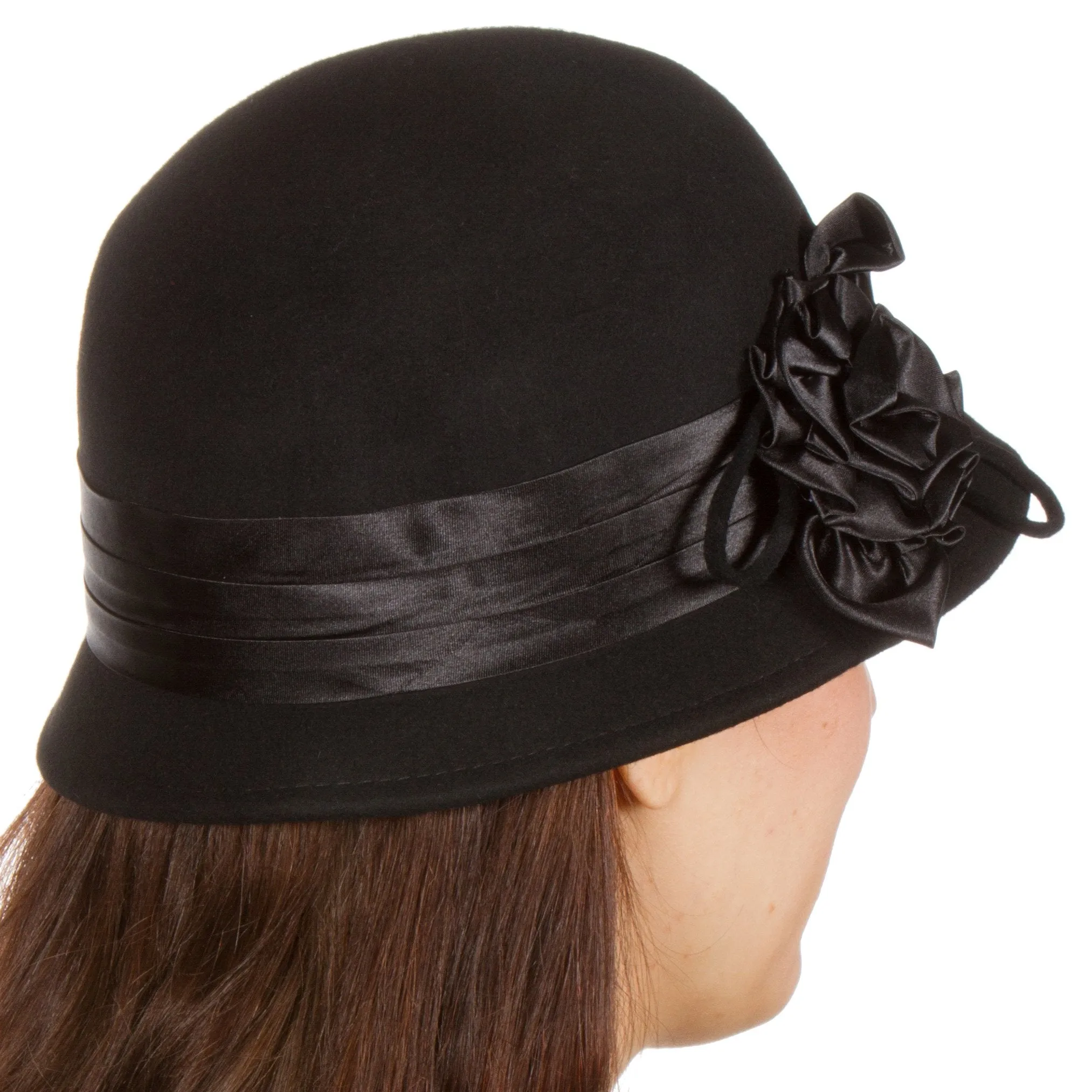 Sakkas Marilyn Vintage Style Wool Cloche Bucket Winter Hat with Satin Flower