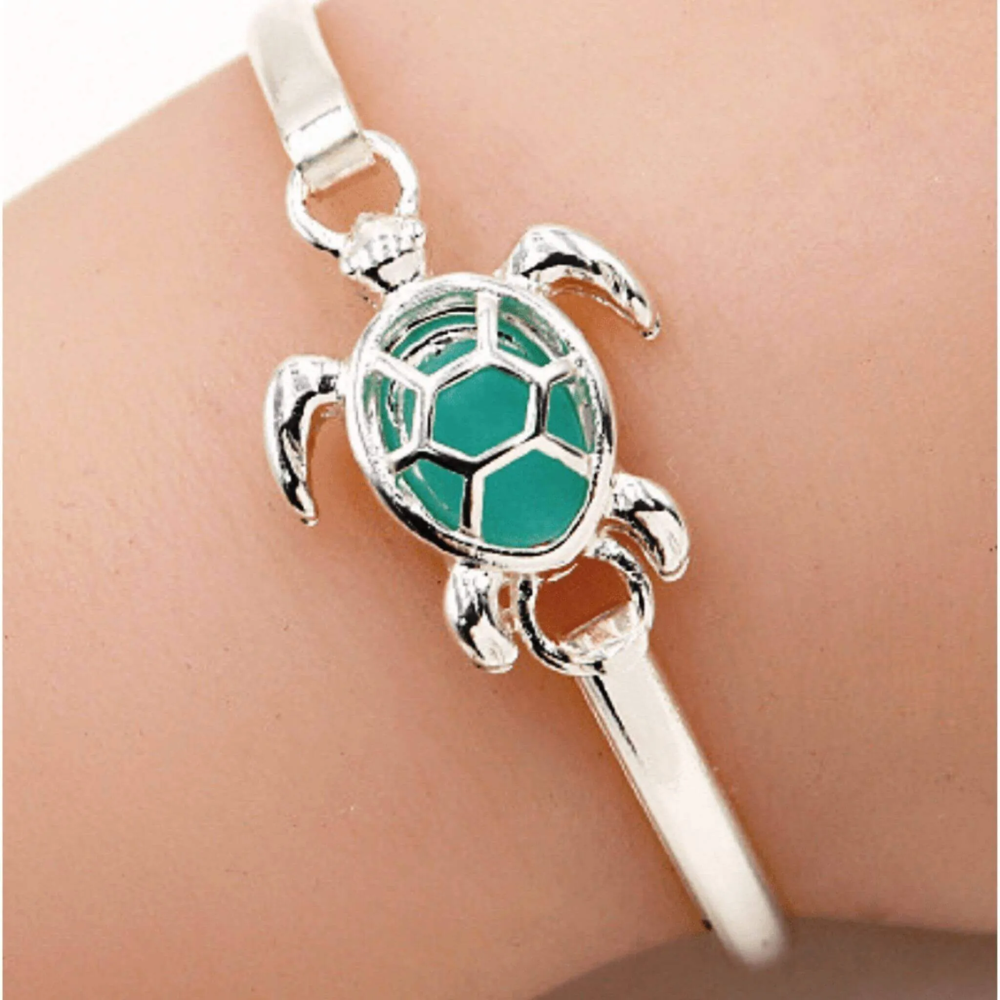 Silver & Sea Glass Turtle Bangle Hook Bracelet