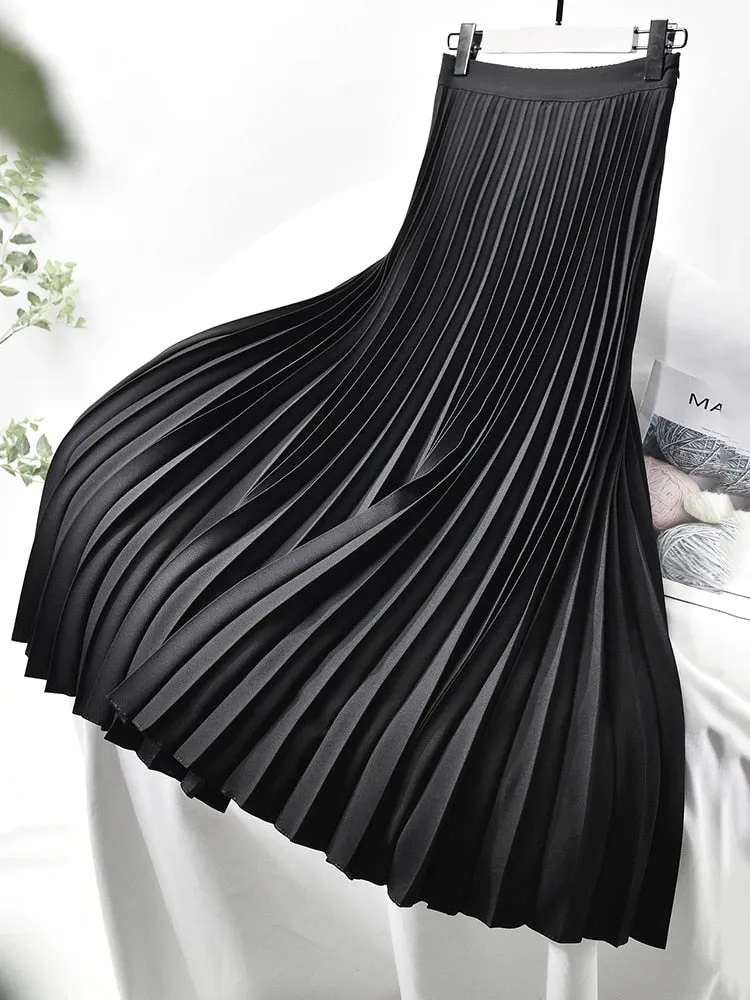 Solid Pleated High Waist Skirt with Elegant Fashion Influence