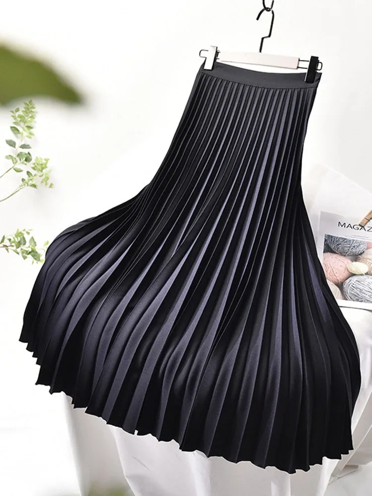 Solid Pleated High Waist Skirt with Elegant Fashion Influence