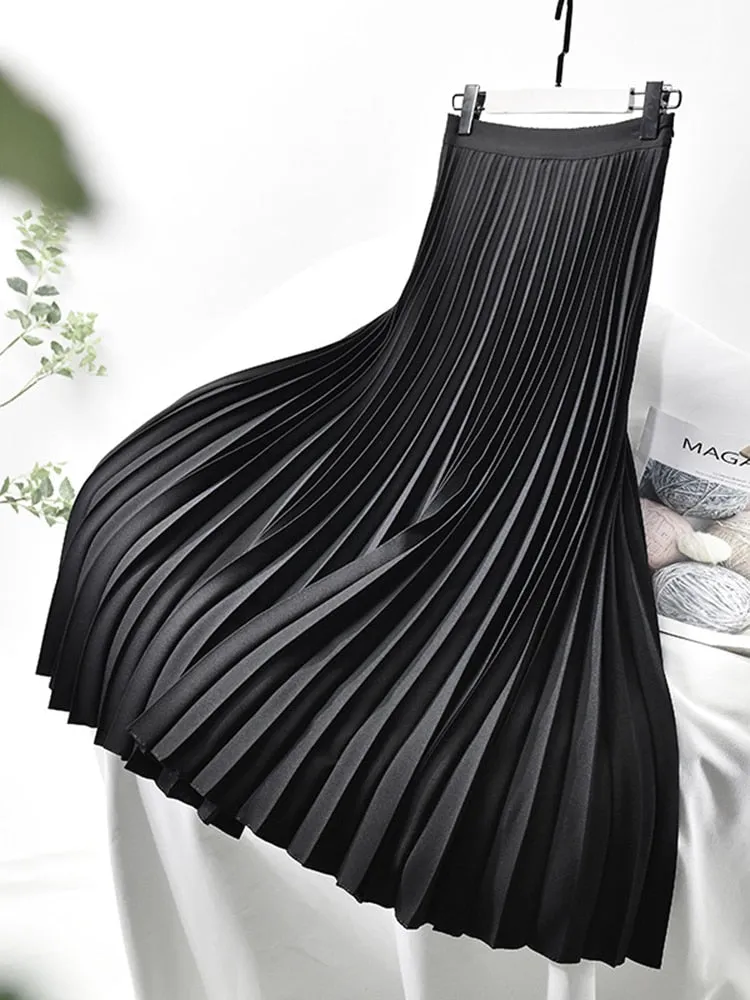 Solid Pleated High Waist Skirt with Elegant Fashion Influence