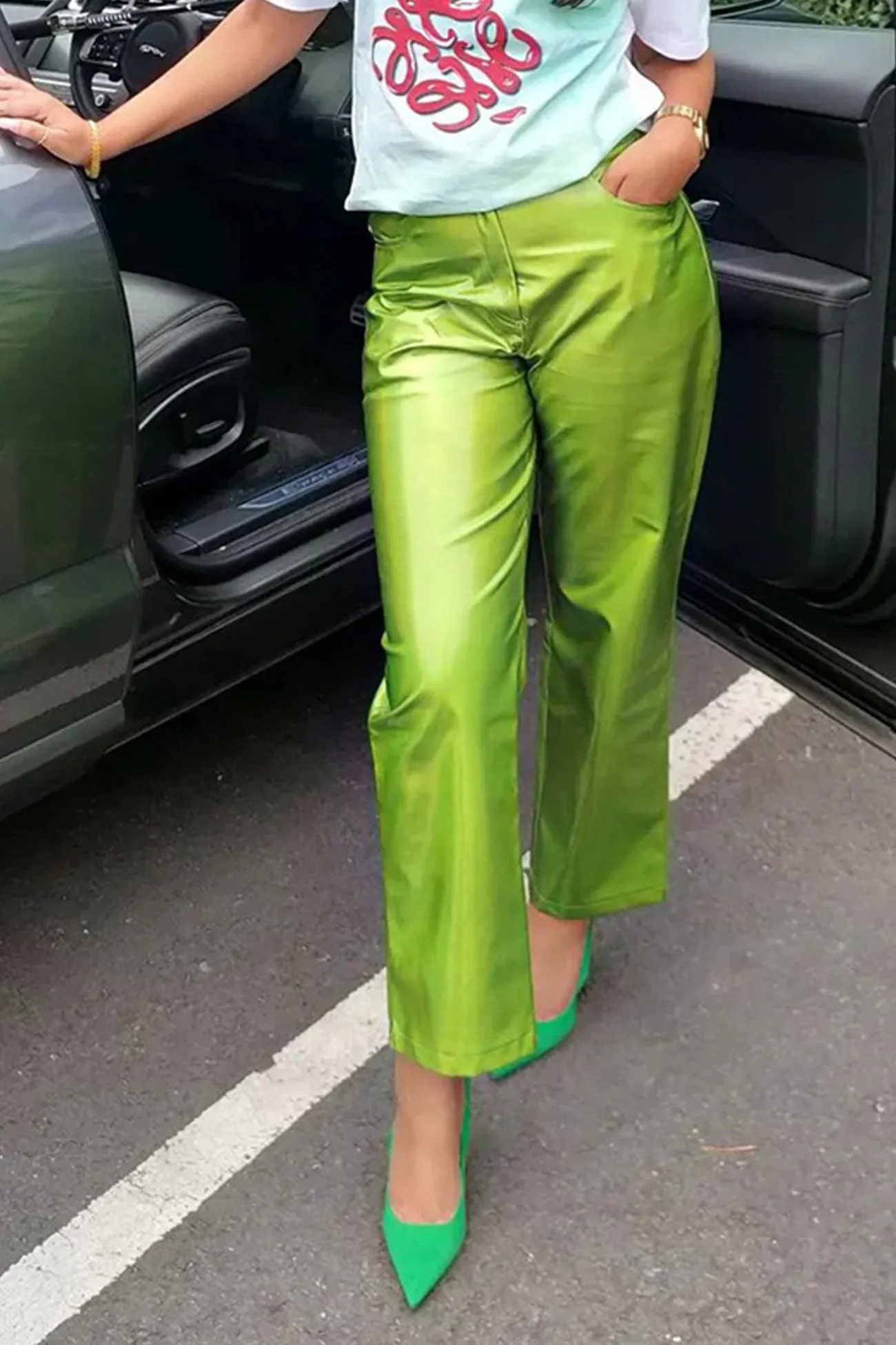 TastyHottie - High Waist Glossy PU Leather Long Pants