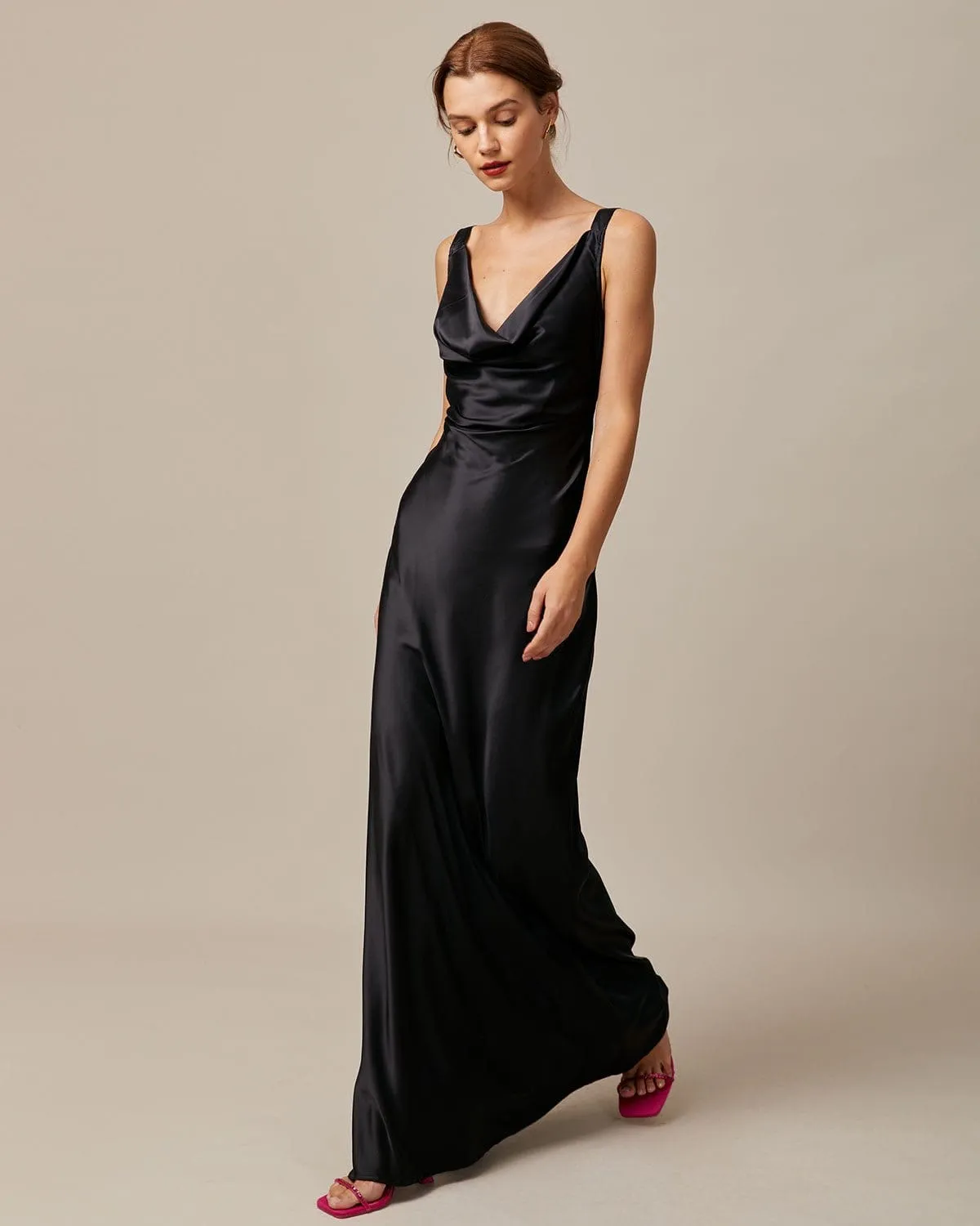 The Black Cowl Neck Sheath Satin Maxi Dress