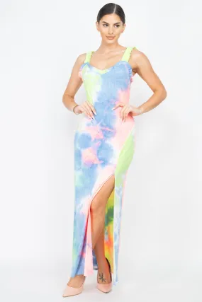 Tie-dye Ruffled Ribbed Maxi Dress