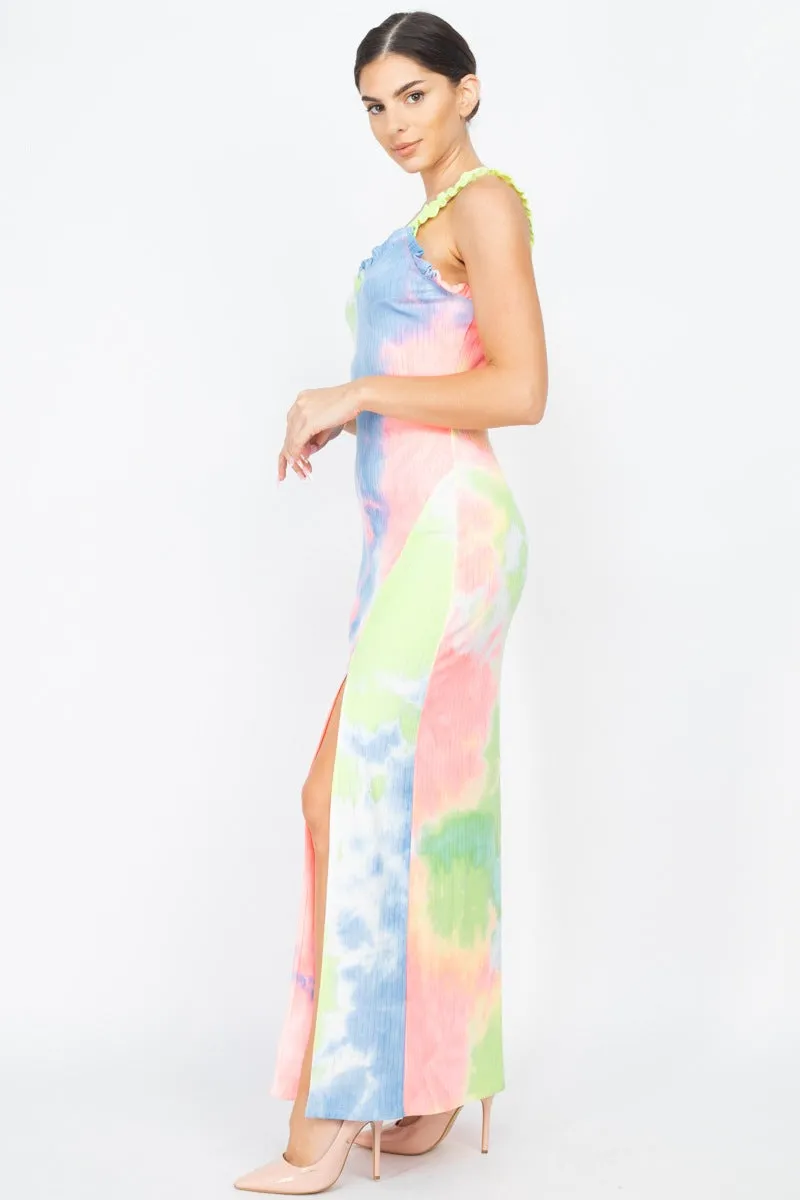 Tie-dye Ruffled Ribbed Maxi Dress