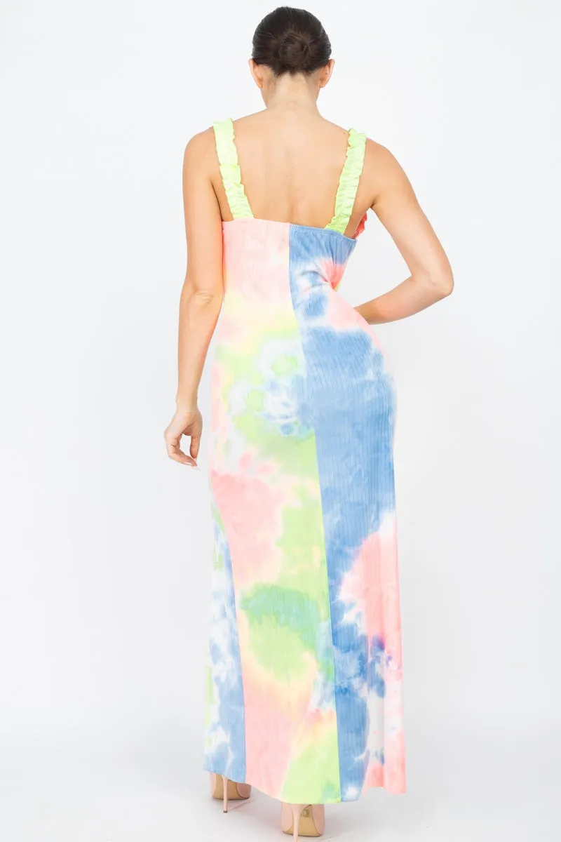 Tie-dye Ruffled Ribbed Maxi Dress