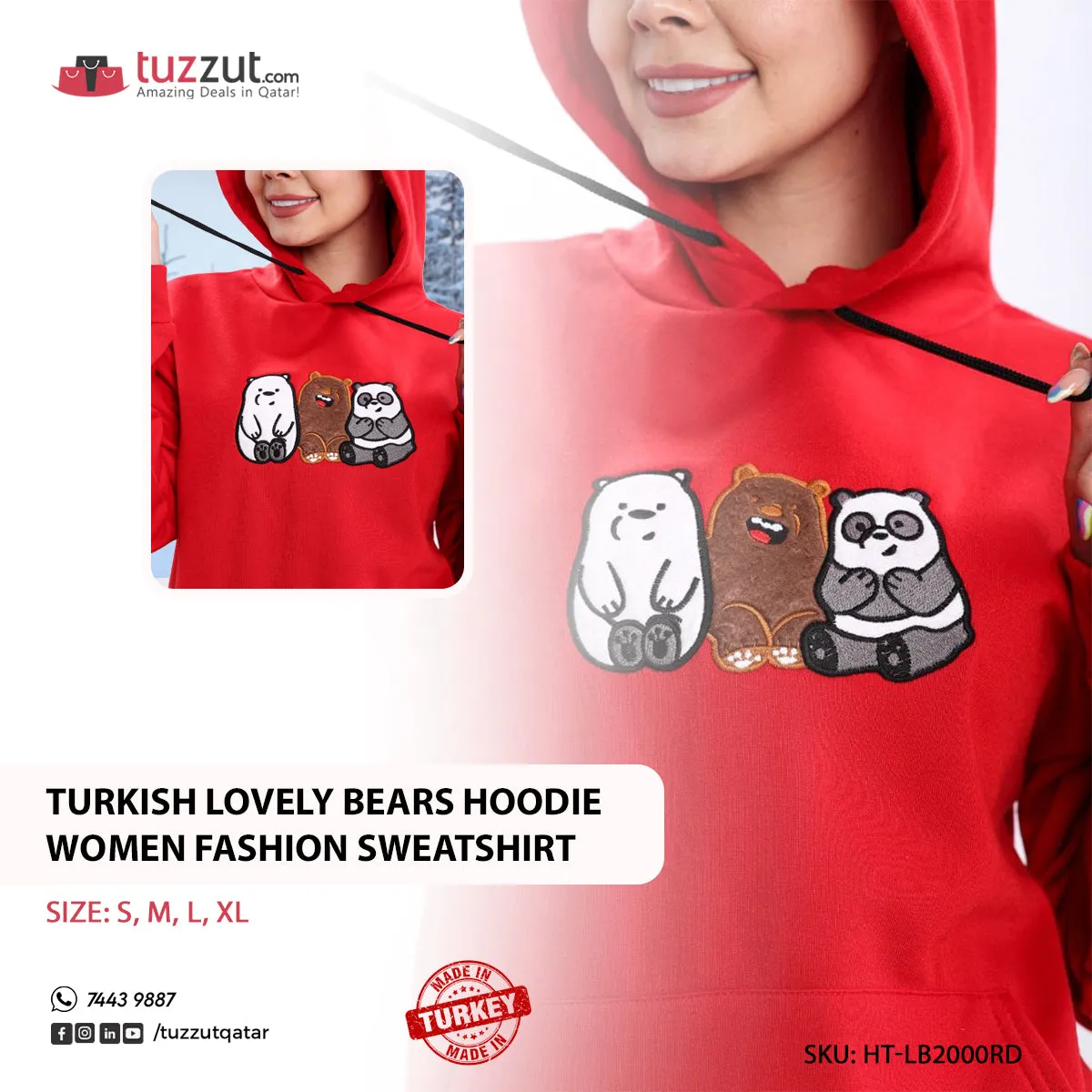 Turkish Lovely Bears Hoodie Women Fashion Sweatshirt - Red