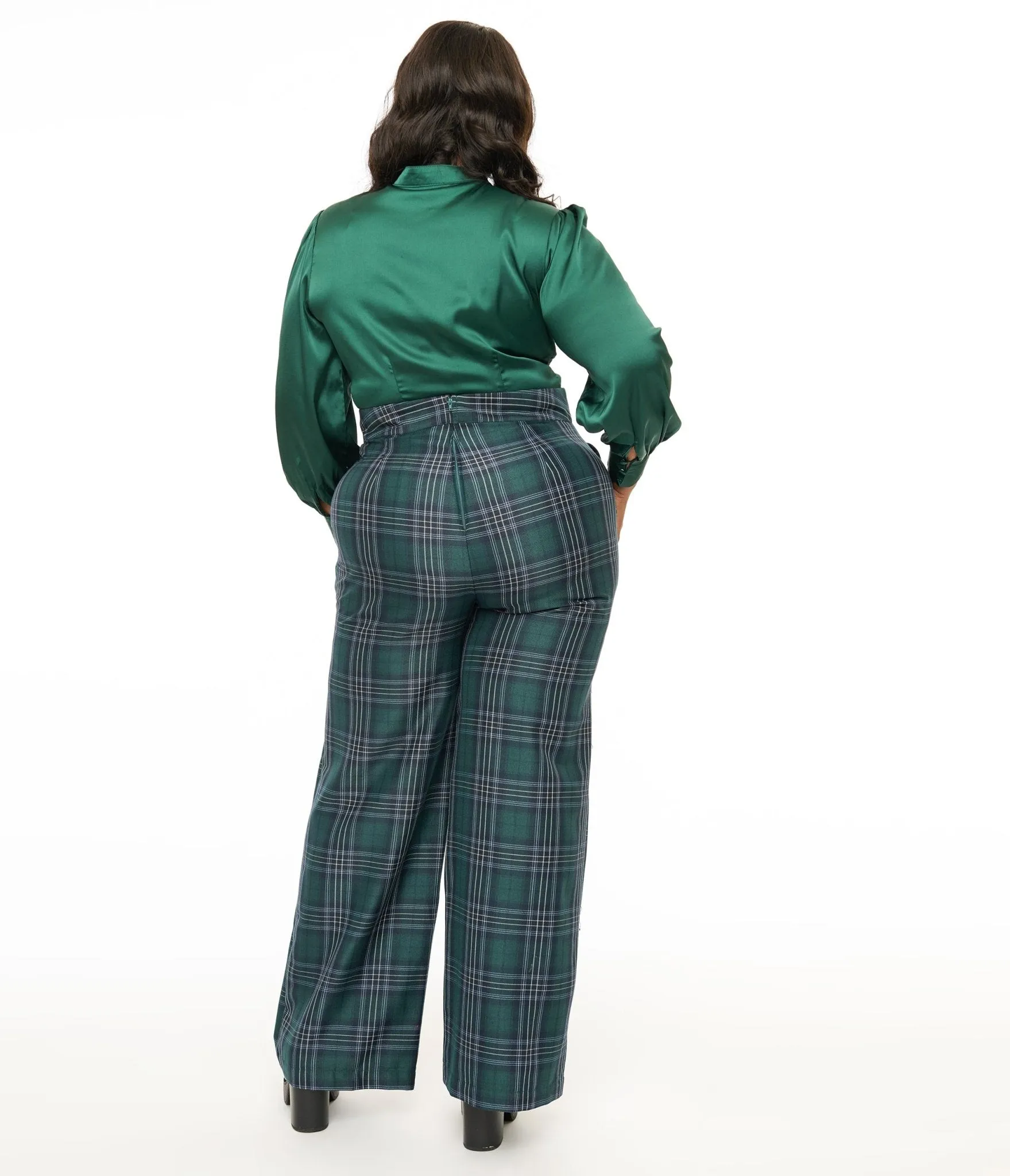 Unique Vintage Plus Size 1940s Green & Black Plaid High Waist Pants