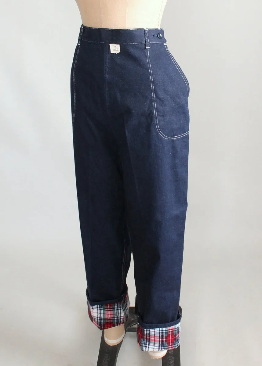 Vintage 1950s Plaid Flannel Lined High Waist Jeans Deadstock