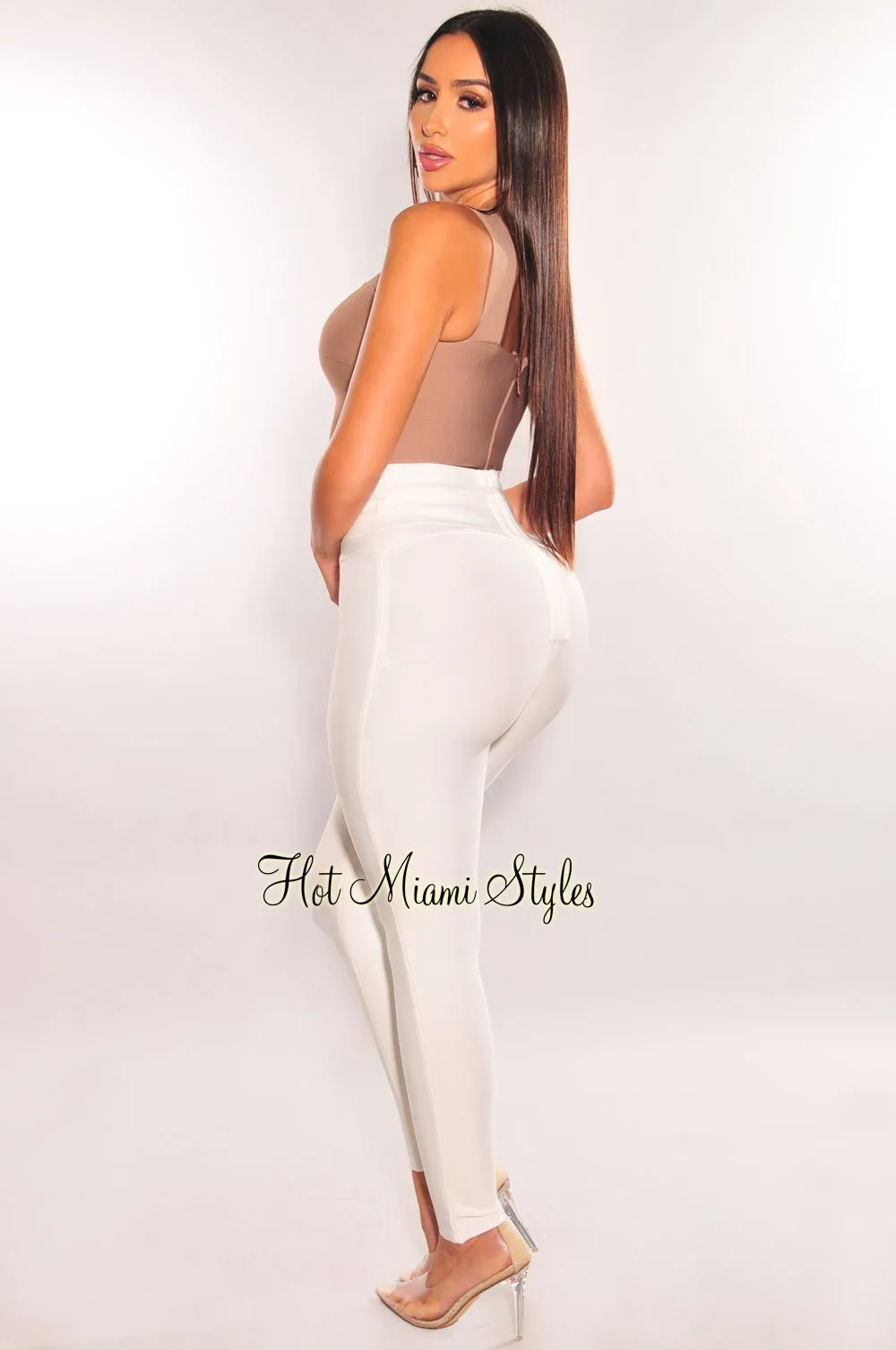 WAIST SNATCHED: White Bandage High Waist Belted Pants